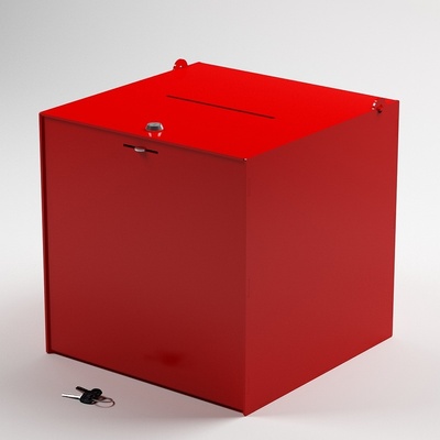Najcenovky Uzamykateľný box 30x30x30 cm na peňažné dary biely červená farba