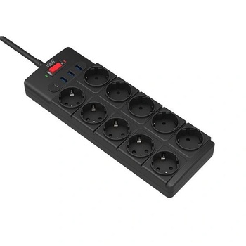 Well Удължител Well, 10 гнезда 3xUSB-A, 1xUSB-C, Със защита от претоварване и пренапрежение, Кабел 3x1.5 мм2, 2 м, Черен (EXTS-10S2M-PROT/USBC4BK-WL)