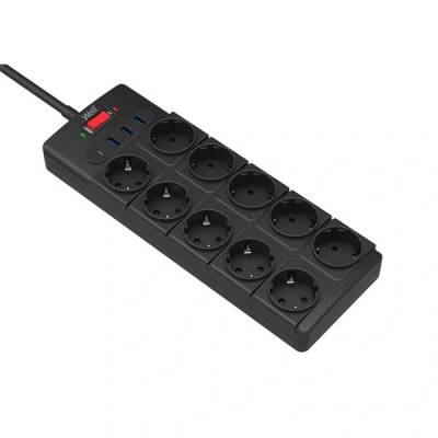 Well Удължител Well, 10 гнезда 3xUSB-A, 1xUSB-C, Със защита от претоварване и пренапрежение, Кабел 3x1.5 мм2, 2 м, Черен (EXTS-10S2M-PROT/USBC4BK-WL)
