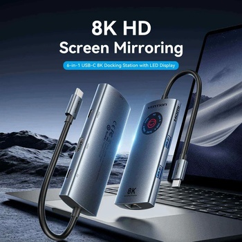 Vention докинг станция Docking Station Type-C - TQZHB - 8K, LED Display - HDMI, USB 3.0 x 2, USB-C 3.2 Gen 1, PD100W, LAN (1Gbps) (TQZHB)