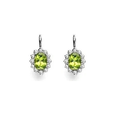 Čištín Zlaté náušnice s diamanty, přírodní olivín 7x5 mm, bílé zlato - VE 247