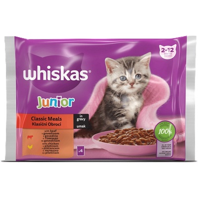 Whiskas Junior - Паучове с говеждо и пиле 4х85гр. за котета от 2 до 12 месеца