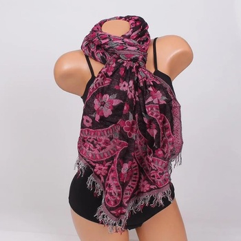 Image 1 of Дамски шал в розово и черно с цветя и орнаменти