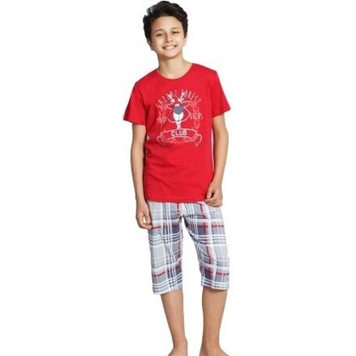 Пижама за момче в червено с картинка и сиво каре