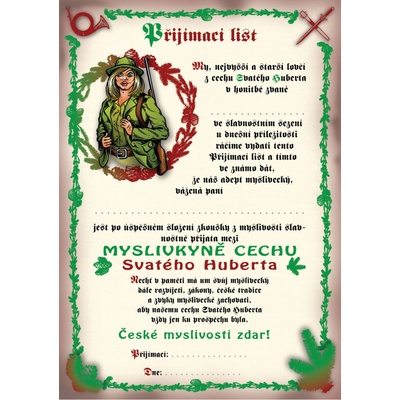 e‑myslivost.cz Přijímací list na myslivce - pro ženu - Motiv s personalizací