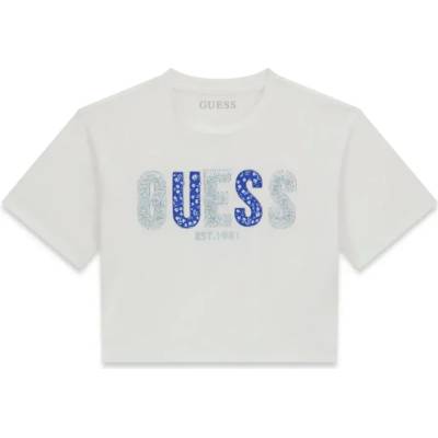 GUESS Къса тениска в бял цвят за момиче с надпис Guess от кристали и текстилни детайли