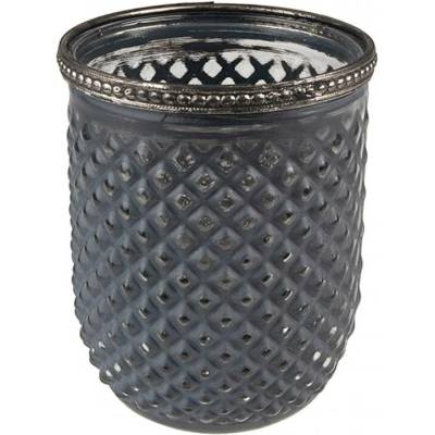 Šedý skleněný svícen na čajovou svíčku se zdobným lemem – 9x11 cm