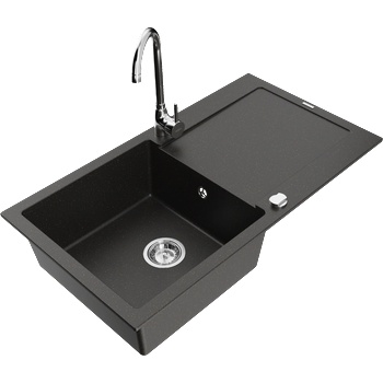 Mexen Leo гранитна мивка с 1 отделение с отцедник и кухненски смесител Telma, черен/златен металик - 6501-75-670200-00 (6501-75-670200-00)