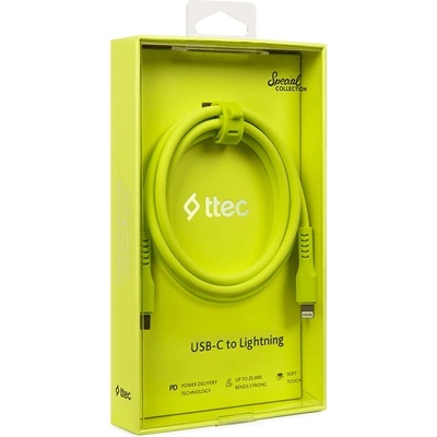 Кабел ttec - Data, USB-C/Lightning, 1.2 m, Neon Yellow (8694470827452)
