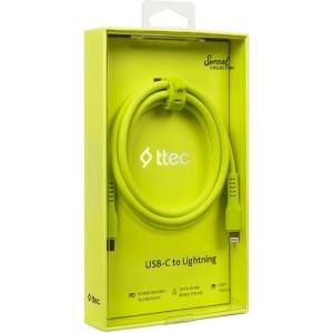 Ttec Кабел ttec - Data, USB-C/Lightning, 1.2 m, Neon Yellow (8694470827452)