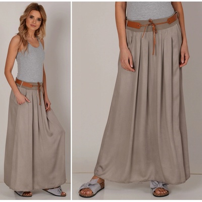 Fashionweek dlhá maxi letná sukňa zo vzdušného materiálu s vreckami + opasok ZIZI00 cappucino