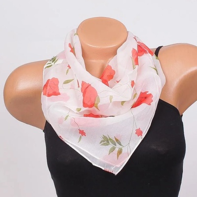 Копринено бяло фишу с червени цветя