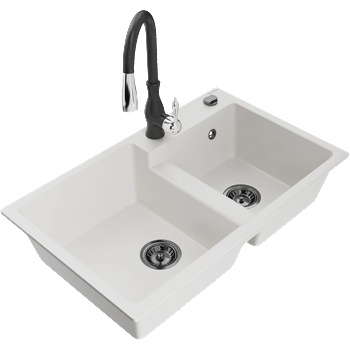 Mexen Tomas гранитна мивка с 2 камери и кухненски смесител Savita, бял - 6516-20-672601-70 (6516-20-672601-70)
