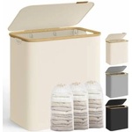 Songmics Laundry Basket with Lid, Laundry Hamper with 3 Compartments, 150L, Removable Laundry Bag, Oxford Fabric, Bamboo Handles, Foldable, 60 x 38.5 x 70.5 cm, Cream White LCB515W01 - PCT611W01