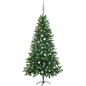 Image 1 of vidaXL Изкуствена осветена коледна елха с топки 150 см зелена (3077726)