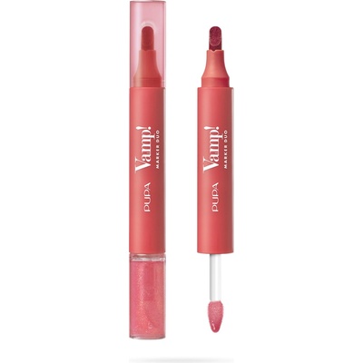 Pupa Milano Fix a olejový lesk na rty 2v1 Vamp! Marker Duo 004 Spicy Raspberry 4 ml
