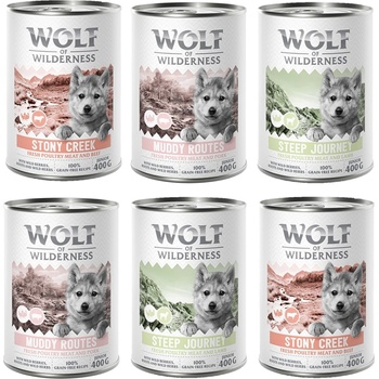 Wolf of Wilderness 6x400г Junior Wolf of Wilderness, консервирана храна за кучета - смесена опаковка (2x птиче със свинско, 2x с агнешко, говеждо)