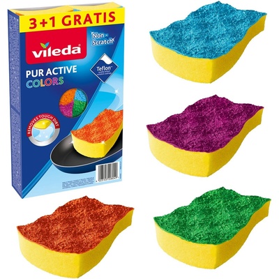 4 опаковки Vileda Pur Active Colours Кухненска гъба Чист тефлон без надраскване (3463)