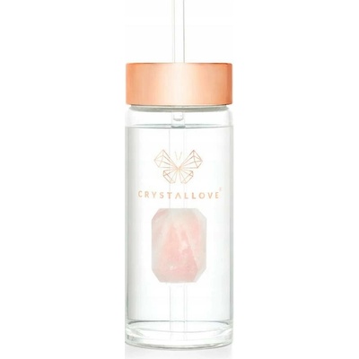 CRYSTALLOVE Skleněná lahvička na vodu s růženínem a brčkem 400ml