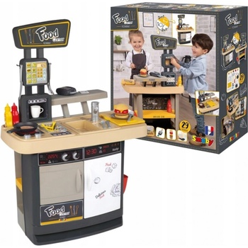 Smoby Food Corner reštaurácia s kuchynkou obojstranná s terminálom a dávkovačom nápojov 29 doplnkov