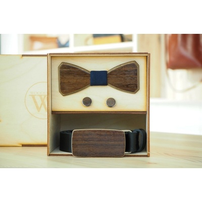 Wood Style Set Hranatý Modrotisk opasek motýlek a manžetové knoflíčky Hnědá Ořech