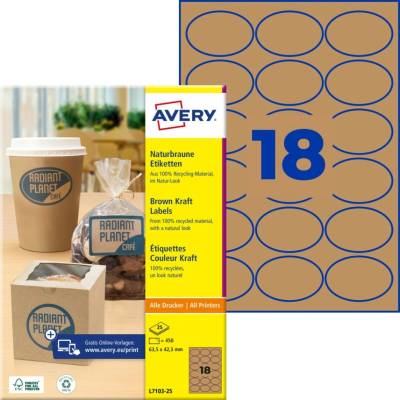 Avery Zweckform Etikety na zboží, 63,5 x 42,3 mm, ovál, 25 listů, přírodně hnědé - L7103-25