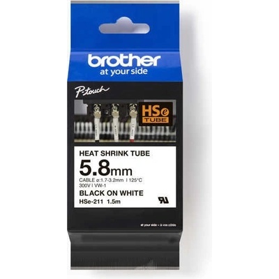 Brother HSe-211E Pro Tape, 5.2 mm x 1.5 m, čierna tlač / biely podklad, originálna páska