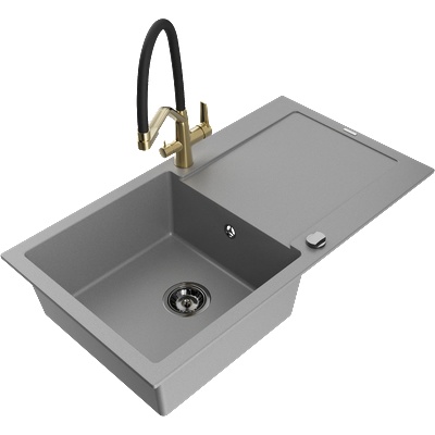 Mexen Leo гранитна кухненска мивка с 1 отделение с дренаж и кухненски смесител Duo, сив - 6501-71-671701-57-B (6501-71-671701-57-B)