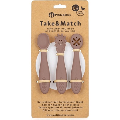 Petite & Mars Set 3 ks silikónových tréningových lyžičiek Take&Match 6 m+ Velvet Latte