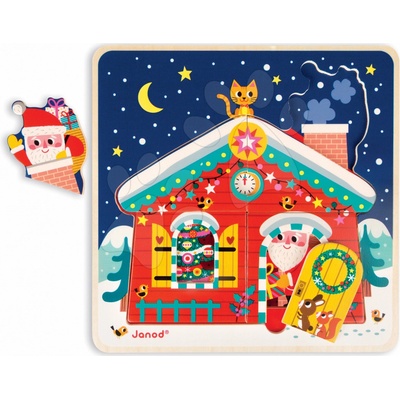 Janod puzzle Štědrý večer v domku třívrstvé modročervené