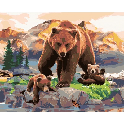 Zuty Malování podle čísel Medvědice a mláďata u potůčku 80 x 100 cm bez rámu a bez vypnutí plátna