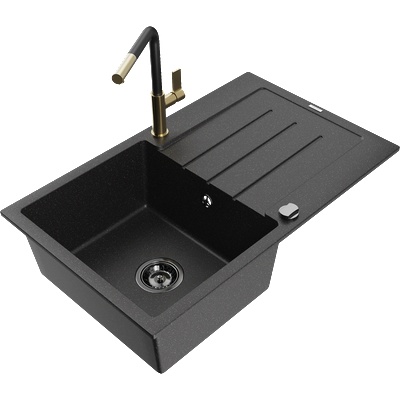 Mexen Bruno гранитна мивка с една камера с отцедник и кухненски смесител Flora, черен/сребърен металик - 6513-73-670401-57-B (6513-73-670401-57-B)