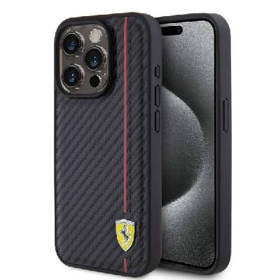 Дизайнерски кожен кейс за iPhone 15 Pro - Ferrari PU Leather Carbon Vertical Red Line Case (черен) (FEHCP15LN3DUR)