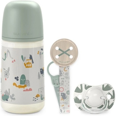 Suavinex sada láhev 270ml + dudlík fyziologický + klip Walk zelená