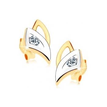 Šperky eshop Puzetové náušnice v zlate dvojfarebné obrysy trojuholníkov číry zirkónik GG76.07