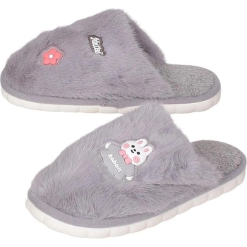 Плюшени дамски пантофи в сиво с щампа зайче