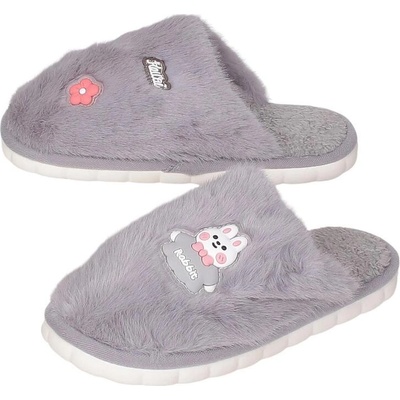 Плюшени дамски пантофи в сиво с щампа зайче