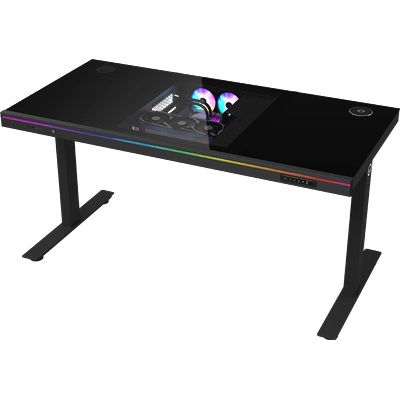 LORGAR Dual-motor sit/stand adjustable-height gaming desk with built-in PC case, wireless charger, RGB lighting, control panel, and USB ports, tempered glass tabletop, black (LRG-DE90G)