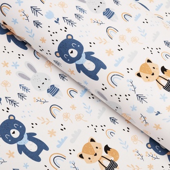 Detská bavlnená látka/plátno Sandra SA-595 Modro-béžové lesné zvieratká na bielom - šírka 160 cm