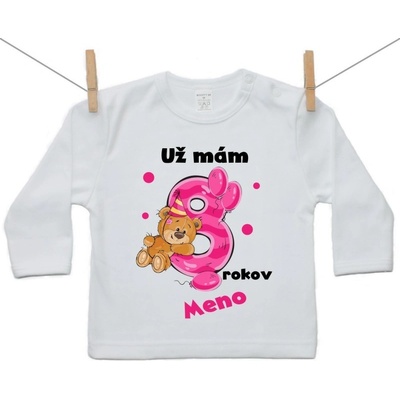 Boodyy tričko s dlhým rukávom Už mám 8 rokov s Medvedíkom a menom dieťatka dievča