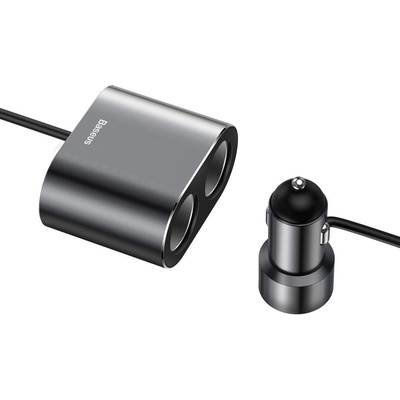 Baseus One to Two Car Charger - зарядно за кола с два USB изхода и удължител с два допълнителни извода за запалка (черен)