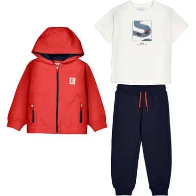 Mayoral Анцуг 3части червен суичър, тениска в бяло с тъмносин спортен панталон за мини момче Mayoral