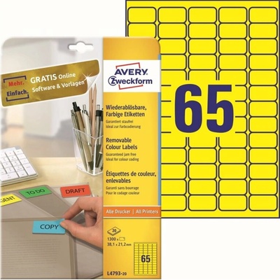 AVERY L4793-20 snímatelné žluté 1 x 21,2 mm 20 listů