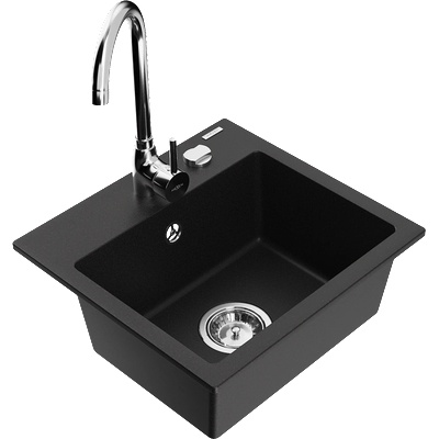 Mexen Milo гранитна кухненска мивка с една камера и кухненски смесител Telma, черен - 6505-77-670200-00 (6505-77-670200-00)