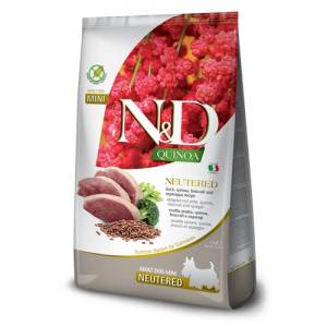 Farmina N&d dog grain free quinoa duck, broccoli asparagus neutered adult mini - пълноценна суха храна без зърнени култури за кастрирани кучета от дребни породи над 1 година, с патица, киноа, броколи и асперж