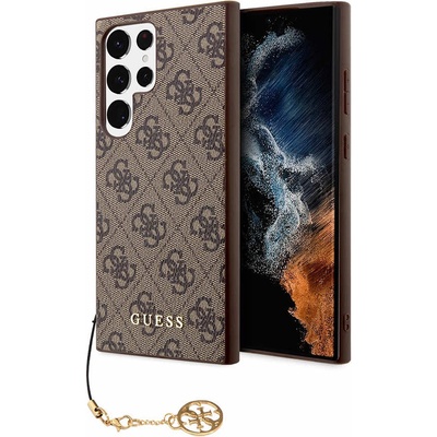 GUESS PU 4G Charms Collection Leather Hard Case - дизайнерски кожен кейс за Samsung Galaxy S24 Ultra (кафяв)