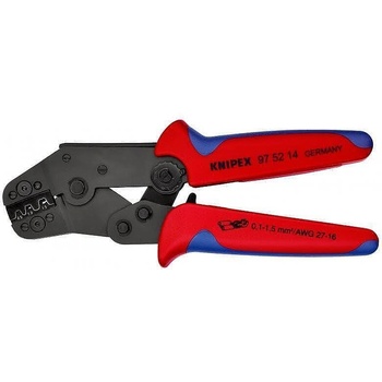 KNIPEX Клещи за кримпване на кабелни накрайници 0.1-1.5мм2 неизолирани, закалени, синьо-червена ръкохватка 195мм, с пружина, Knipex (K975214)