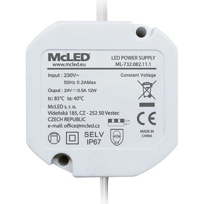 MCLED Napaječ LED DC24V/0,5A, pro LED pásky 12W, do elektroinstalační krabice, IP67 ML-732.082.11.1