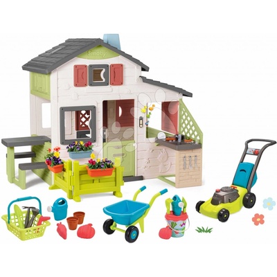Smoby Set domček Priateľov a stôl pieskovisko s mlynom Friends House Life s kuchynkou a elektronickým zvončekom a kosačkou s fúrikom