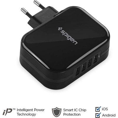 Spigen F401 4-port USB Wall Charger - захранване за ел. мрежа с 4xUSB изхода за зареждане на мобилни устройства (черен)